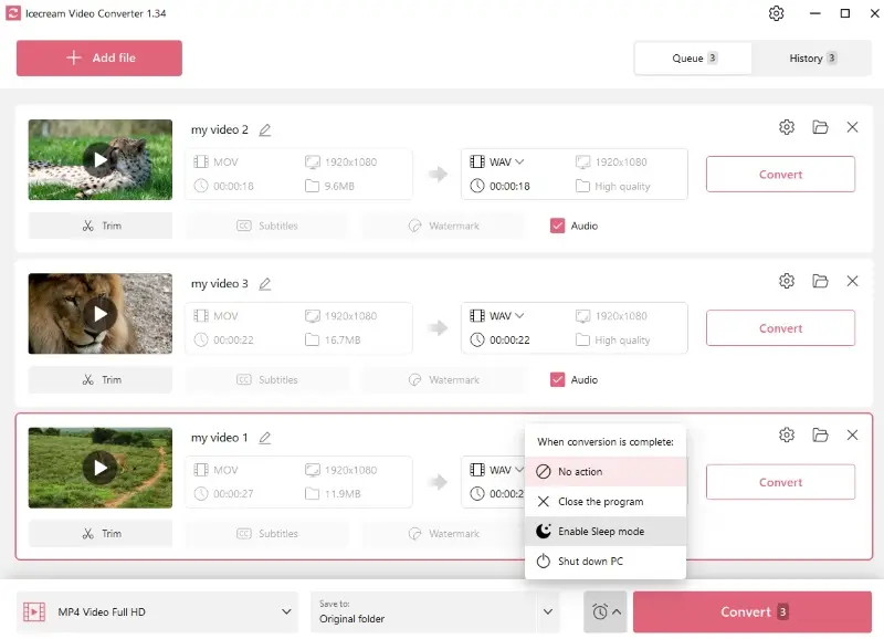 Choose action after MP4 to WAV conversion is complete